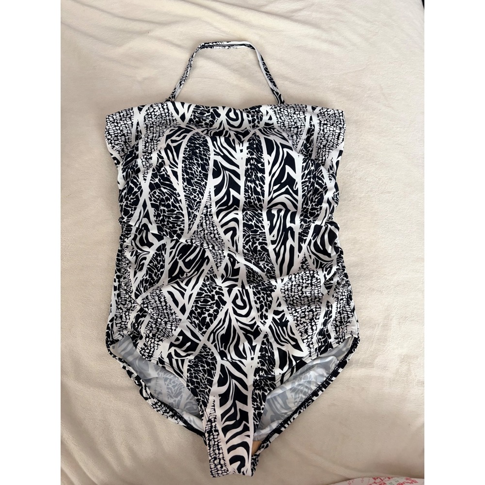 Ceeb Womens Size 14 One‎ Piece Swimsuit Black White Animal Zebra Print Ruched